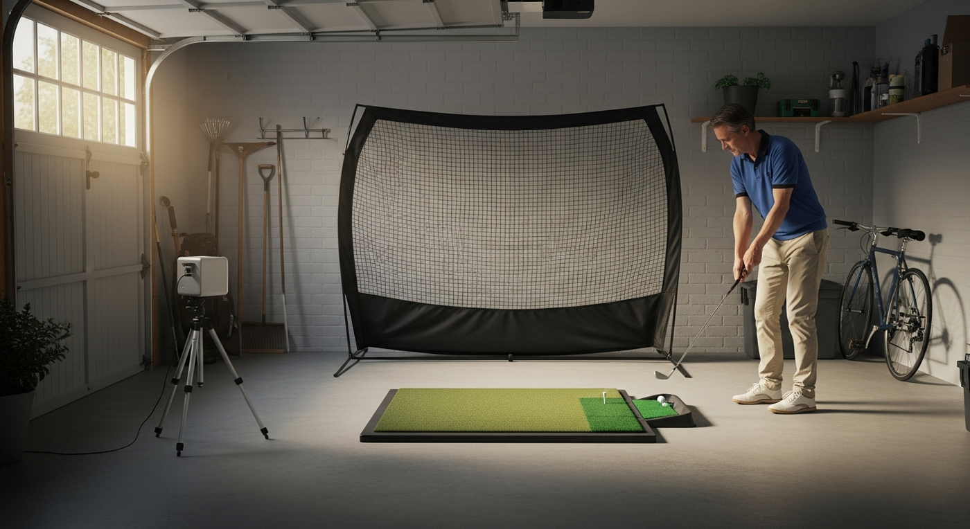 Beginner golfer taking first swing in a simple, welcoming home golf simulator setup in a British garage