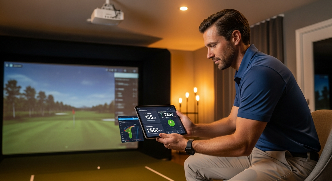 Golfer analysing launch monitor data on a tablet screen in their home golf simulator setup