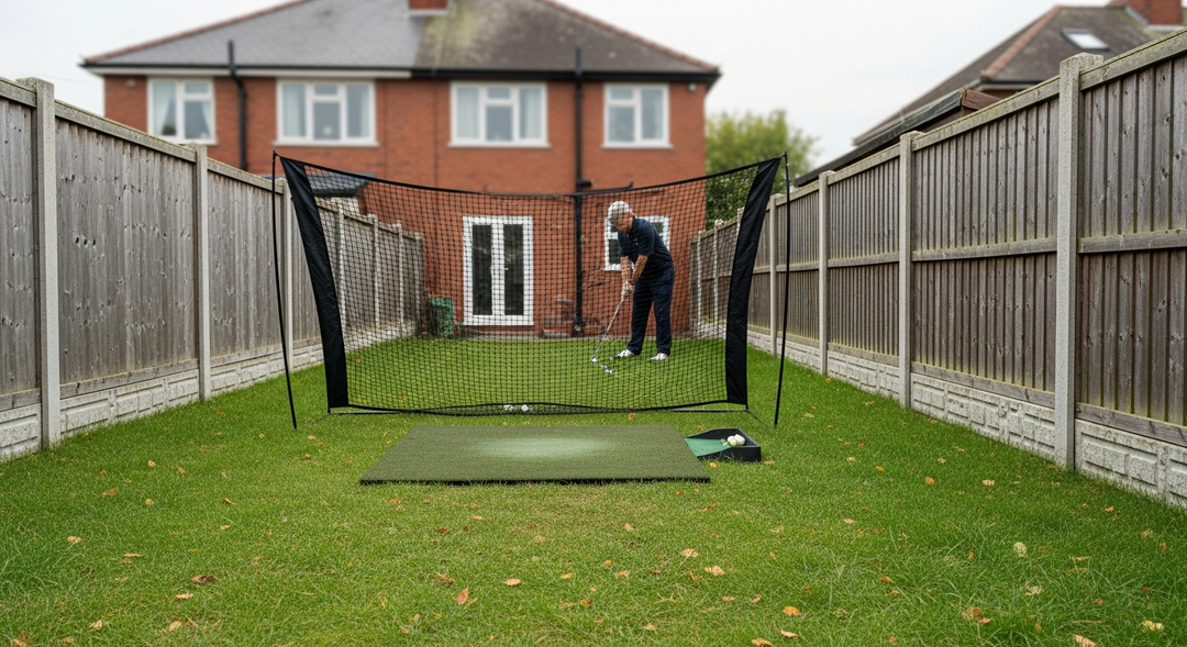 Golfer using a practice golf net in a UK garden — featured image