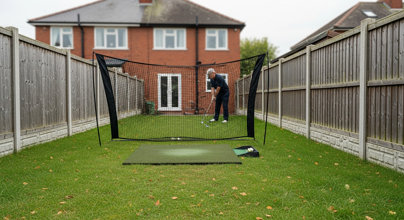 Golfer using a practice golf net in a UK garden — featured image