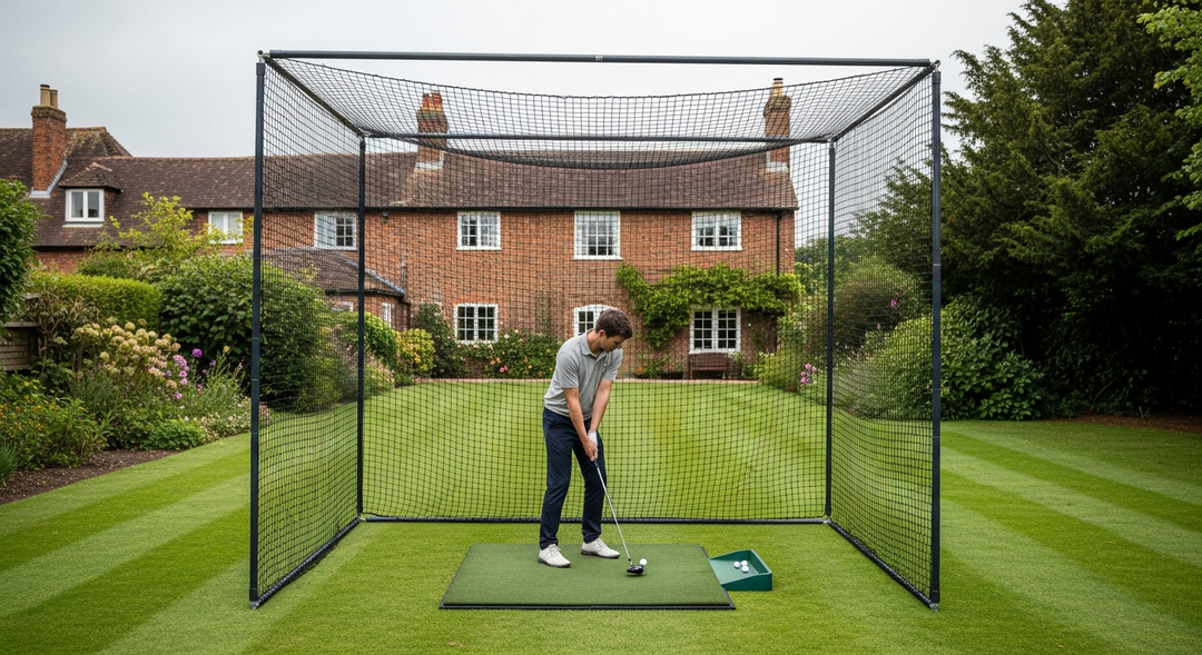 Big golf net cage set up for driver practice in a UK garden — featured image