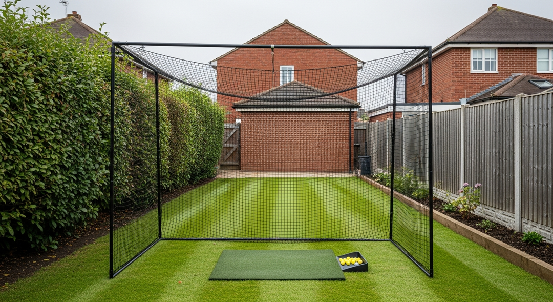 Golf cage for garden practice set up on a lawn in a UK back garden — featured image