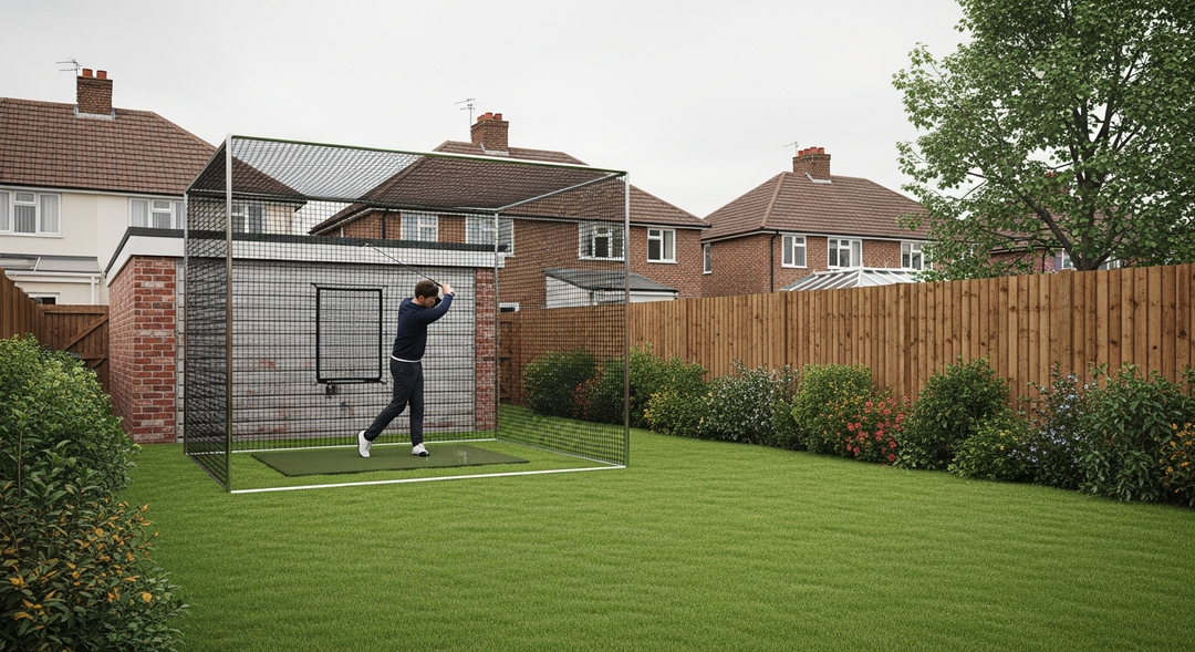 Garden golf practice in a netted cage in a UK back garden close to neighbouring houses — featured image
