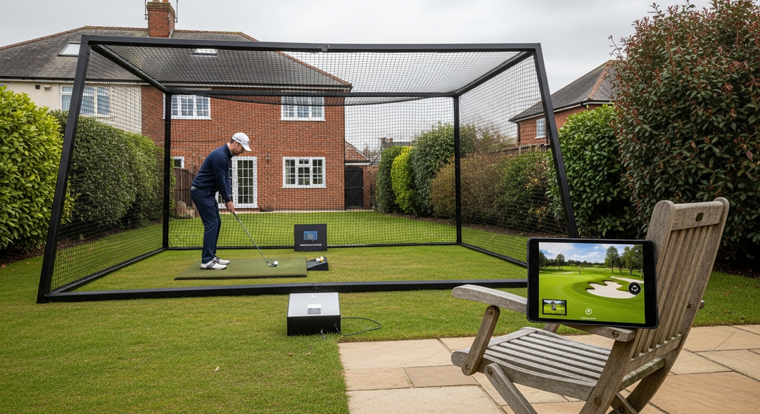 Golf cage in a UK garden upgraded with a launch monitor and tablet — golf cage to golf simulator upgrade path featured image