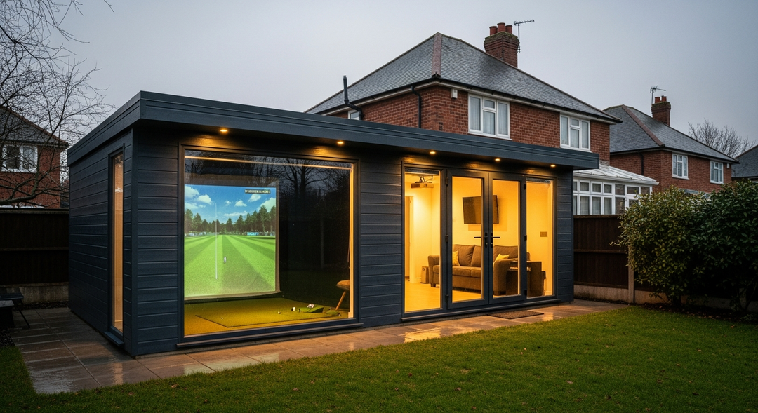 Garden golf simulator cabin in a UK back garden with simulator enclosure visible inside — featured image