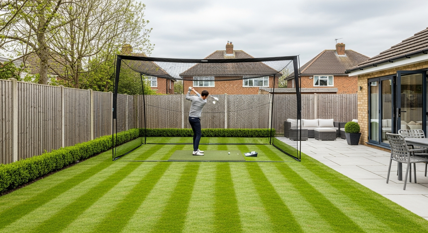 Golfer practising with a large golf practice net in a UK back garden