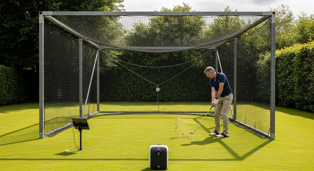 Golfer using a launch monitor and golf cage outside in a UK garden — outdoor golf simulator setup featured image