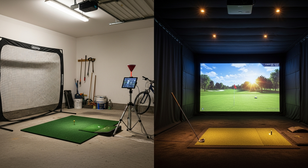 Launch monitor with net setup beside a full golf simulator room — launch monitor vs full simulator featured image