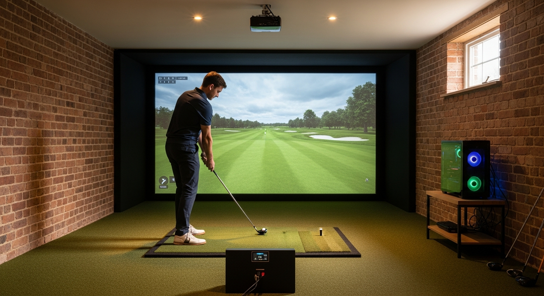 Golf simulator PC setup in a UK garage simulator room — do I need a PC for a golf simulator featured image