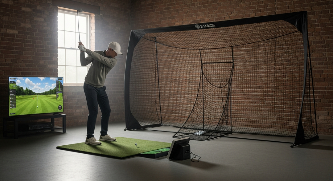 Golf simulator without an enclosure — hitting into a net with a launch monitor and side TV, featured image