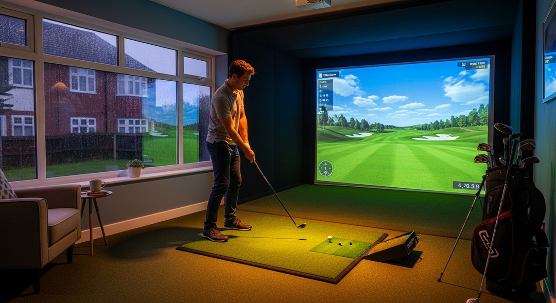 Golf simulator pros and cons UK — golfer using a home simulator in a British garden room — featured image