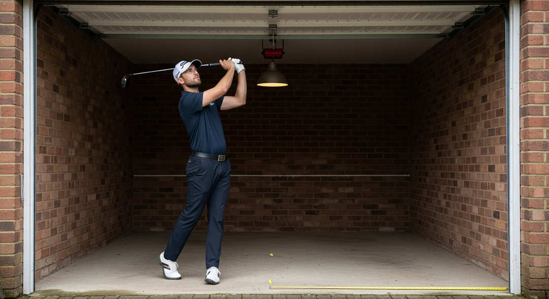 Things to know before buying a golf simulator — checking driver ceiling clearance in a UK garage — featured image