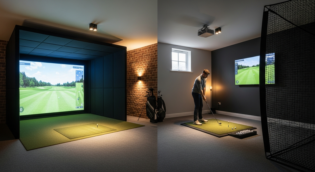 Golf simulator TV vs projector — impact screen enclosure and TV-with-net setups side by side in a UK garage — featured image