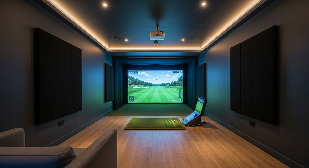 Stunning premium home golf simulator room with dark walls, LED lighting, and leather seating
