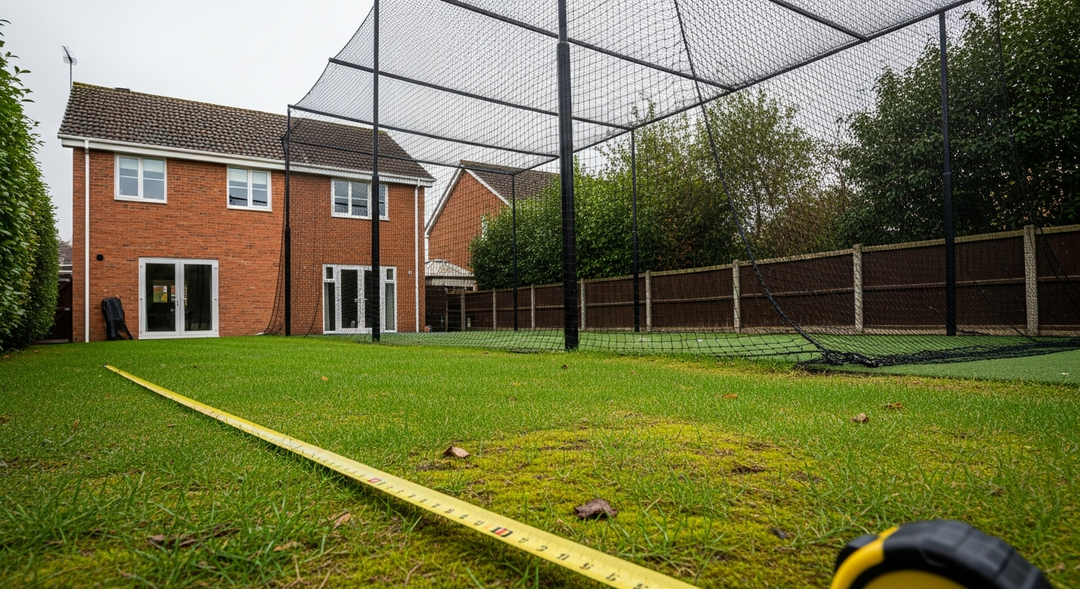 Tape measure across a UK garden lawn in front of a 3m golf practice cage — featured image