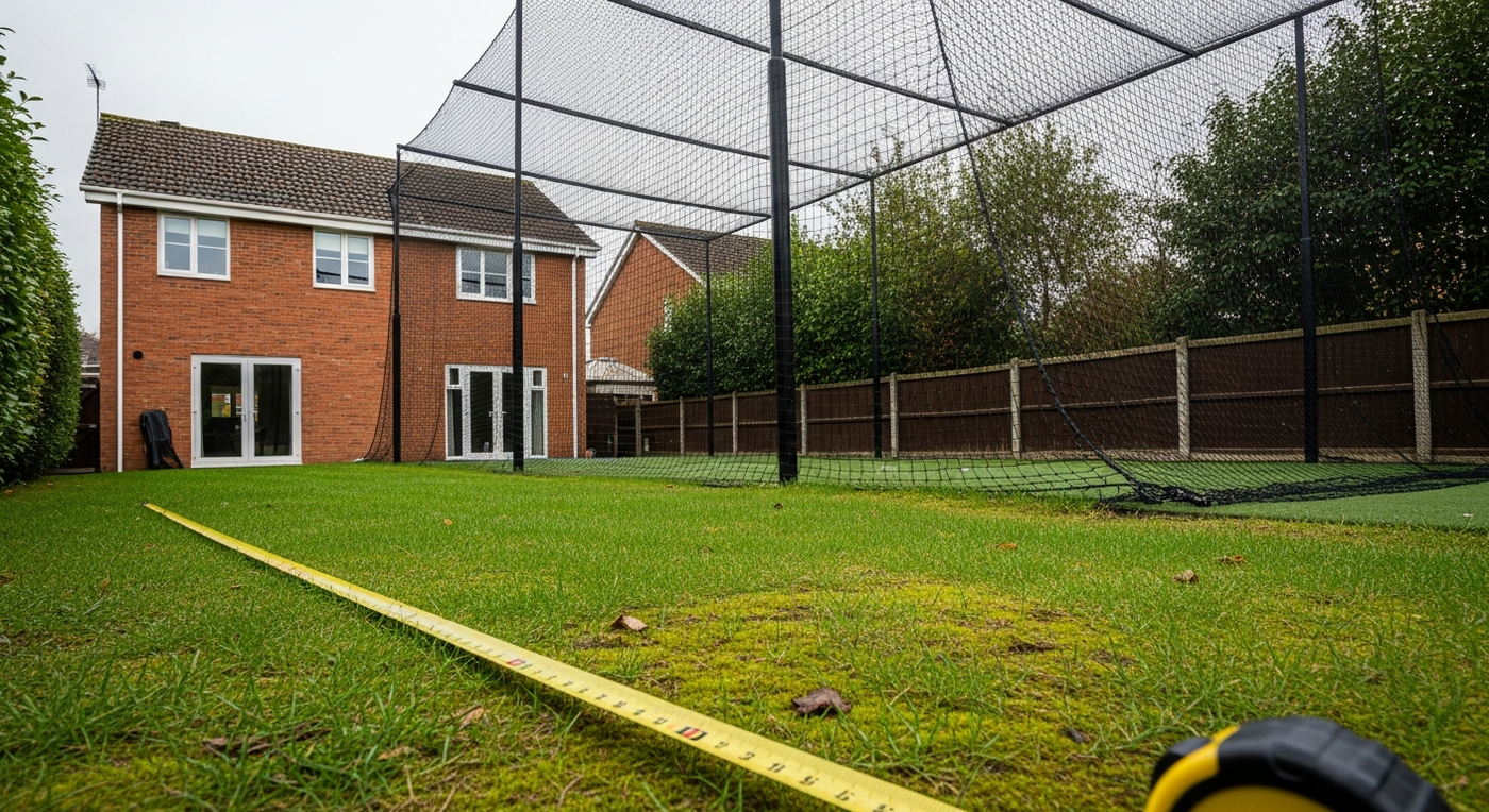 Tape measure across a UK garden lawn in front of a 3m golf practice cage — featured image