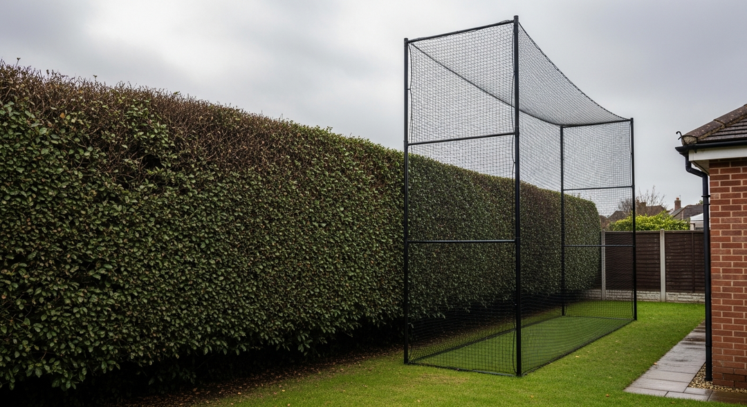 3m garden golf cage standing beside a tall hedge in a UK garden — featured image