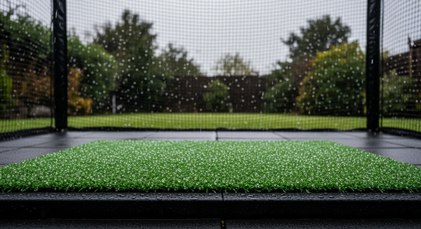 Weatherproof golf hitting mat on a rubber jigsaw base inside a rainy UK garden cage — featured image