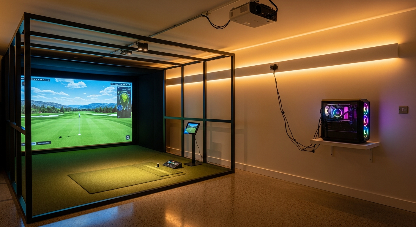 Gaming PC setup positioned beside a home golf simulator in a UK garage conversion with RGB lighting and cable management