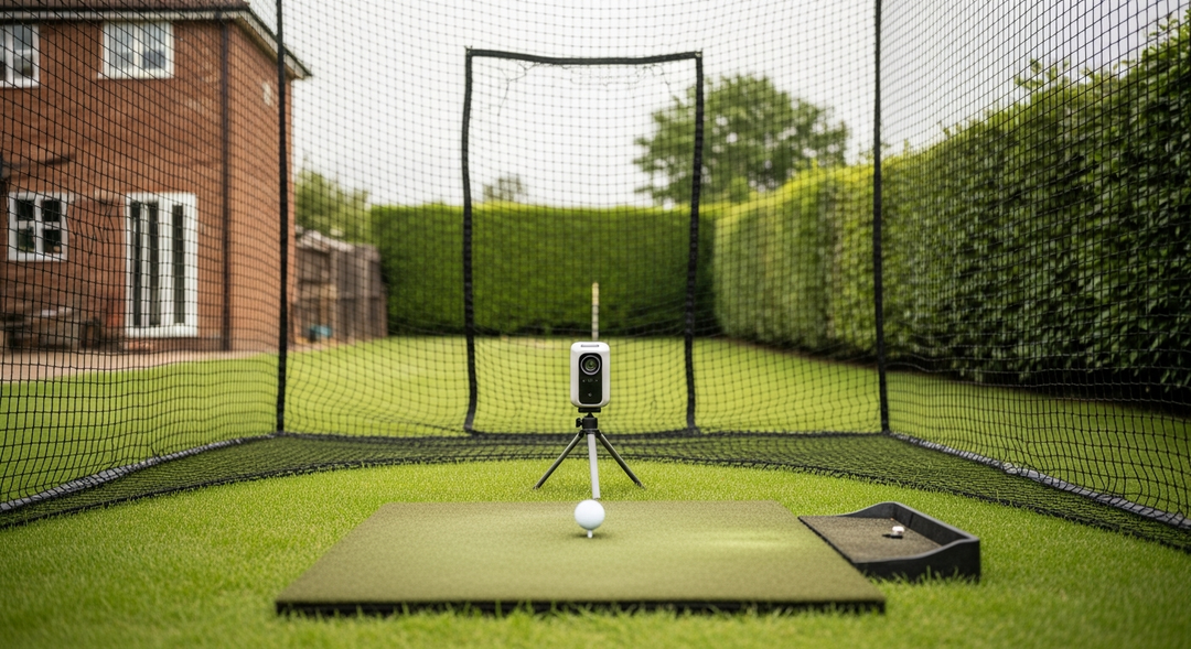 Launch monitor set up behind the ball inside a garden golf cage — featured image