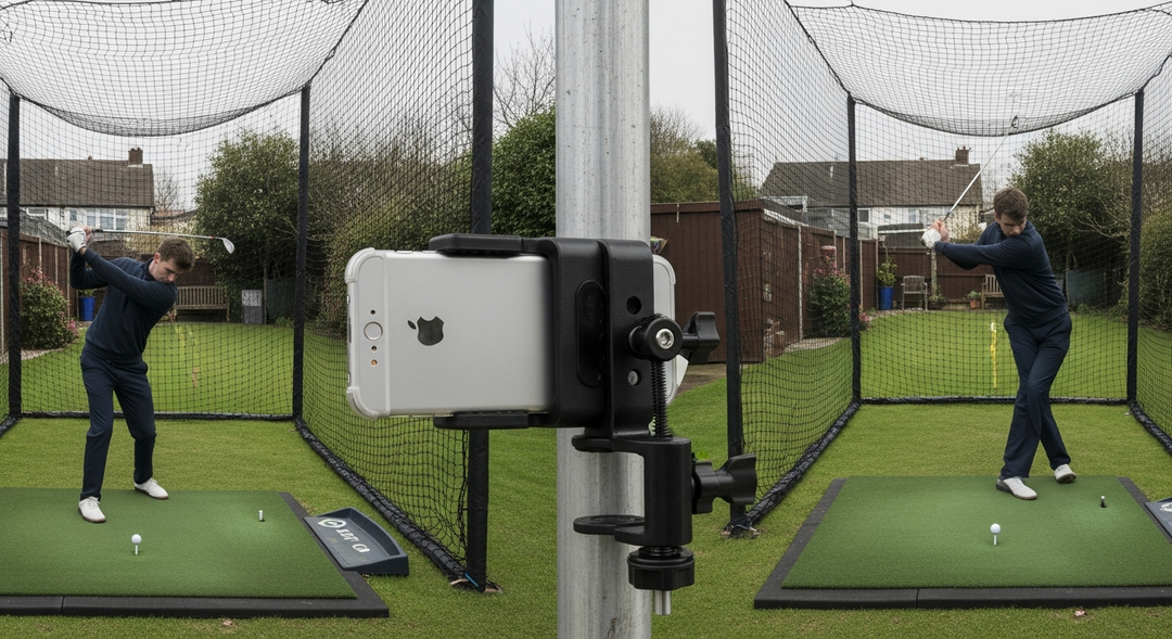 Phone clamped to the golf cage frame filming a swing face-on — featured image