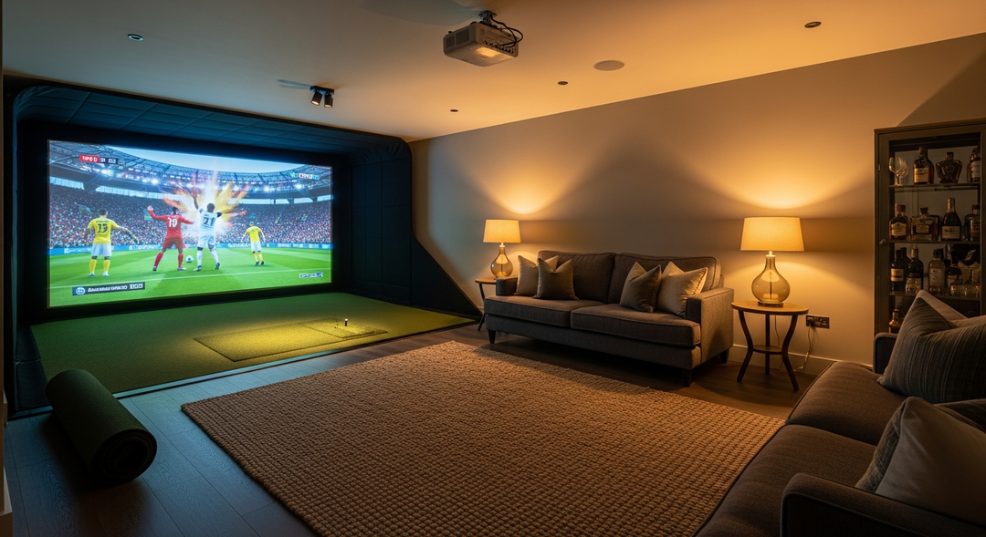 Golf simulator projector showing live sport on the impact screen in a dual-use golf room and lounge — featured image