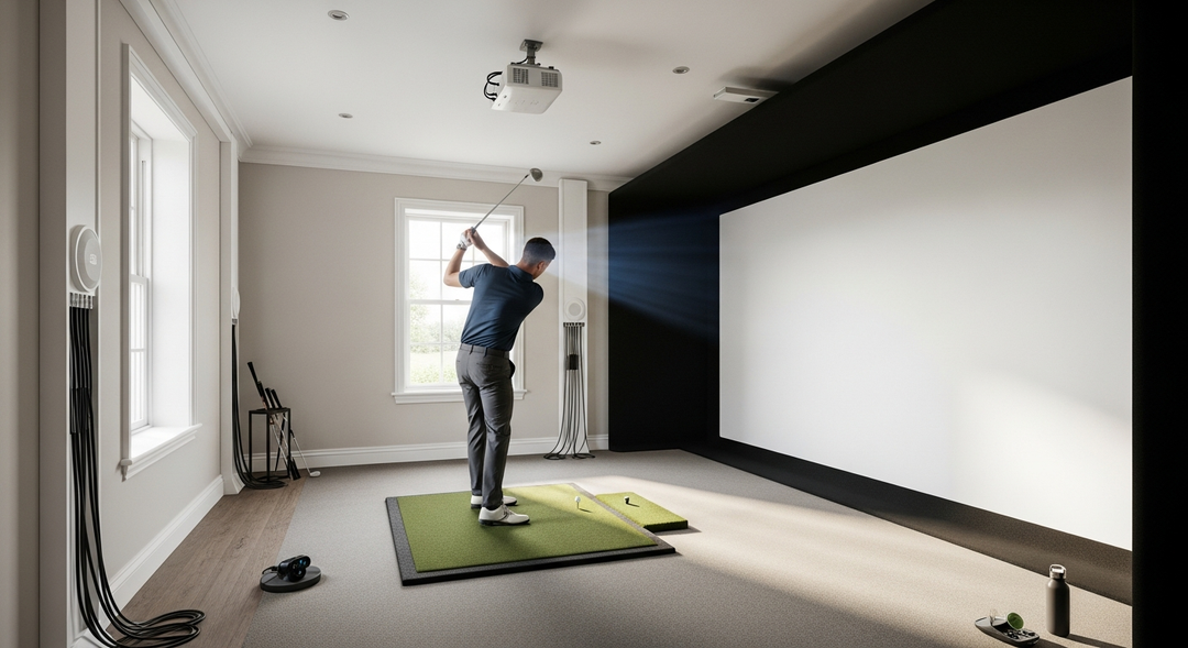 Ceiling-mounted projector in a UK home golf simulator room — featured image
