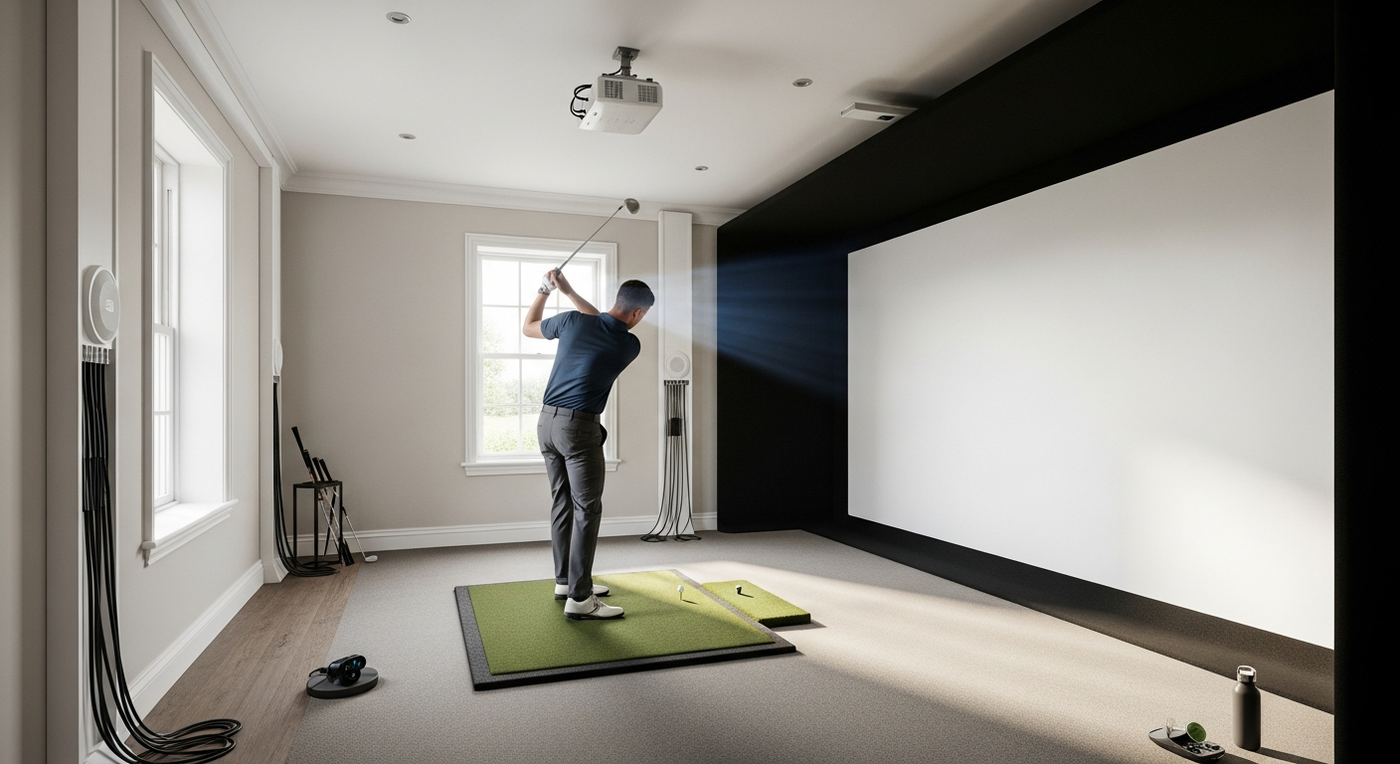 Ceiling-mounted projector in a UK home golf simulator room — featured image