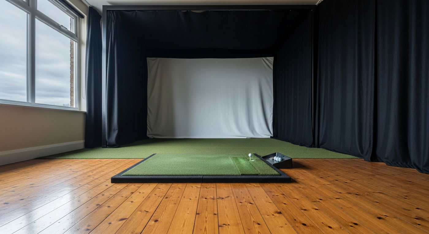 Full golf simulator enclosure with impact screen and side curtains in a UK home — featured image