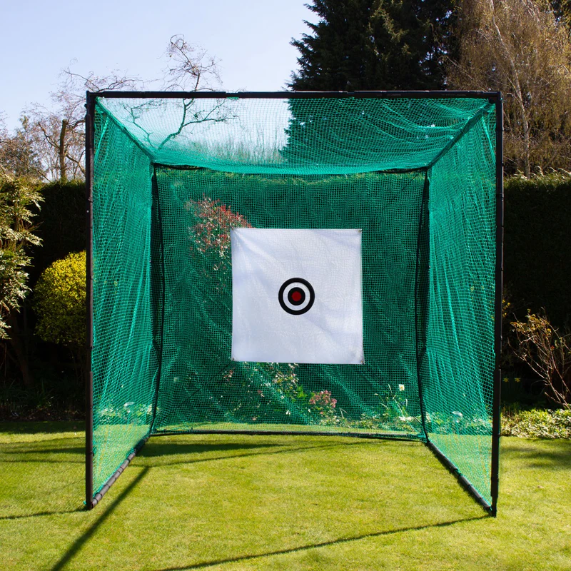 Garden golf cage with green containment netting and white impact panel target