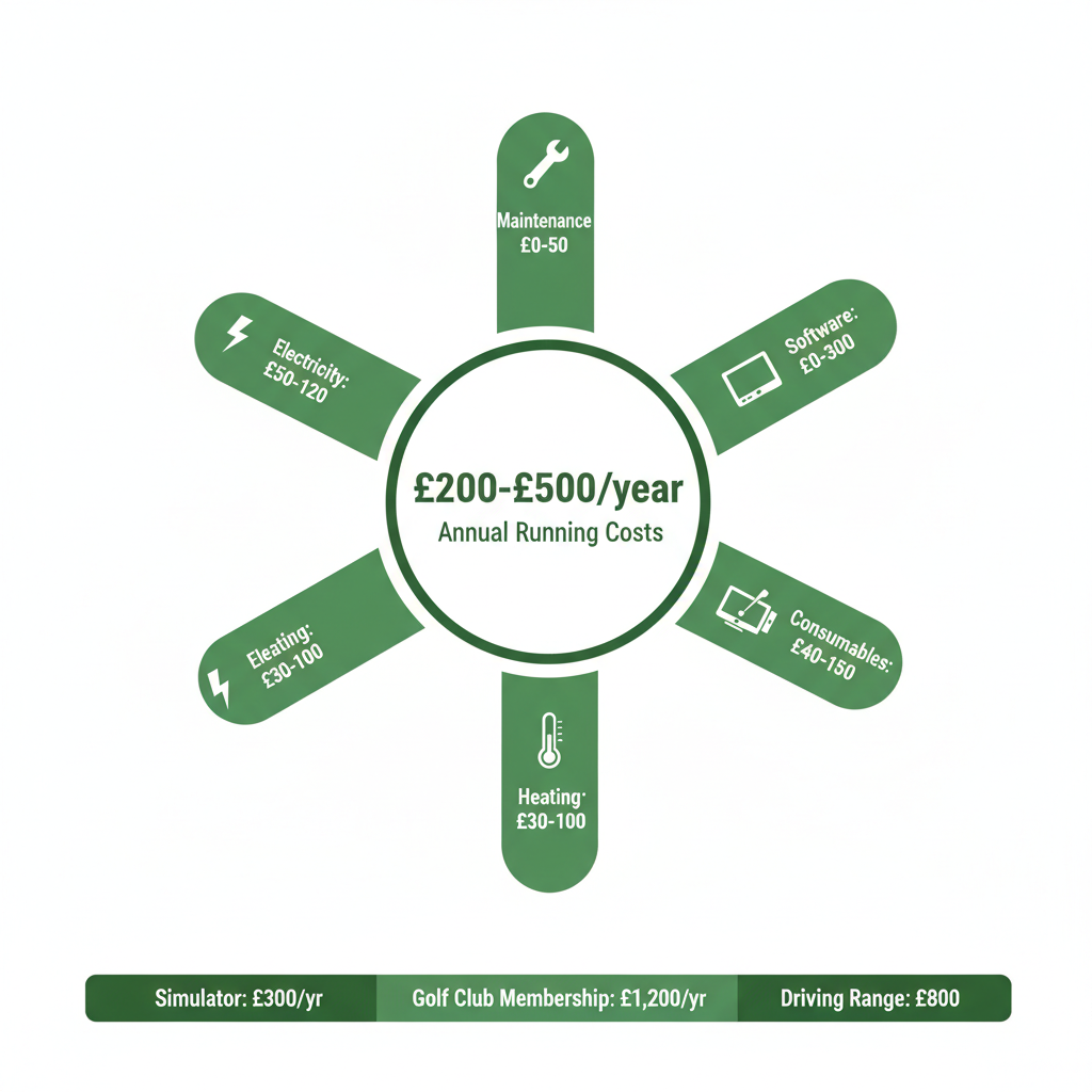 Annual running costs infographic for a UK home golf simulator showing £200-£500 per year across electricity, software, consumables and heating