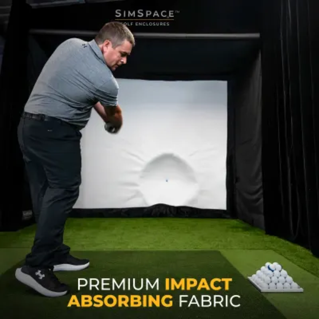 Impact-absorbing golf simulator screen flexing as it catches a full-speed golf shot