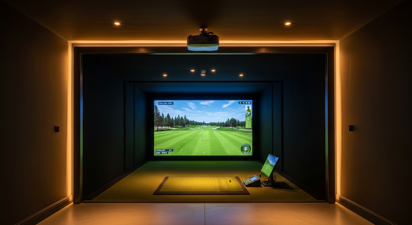 Perfectly lit home golf simulator room with warm LED strips behind enclosure frame, dimmable downlights and vivid projected image