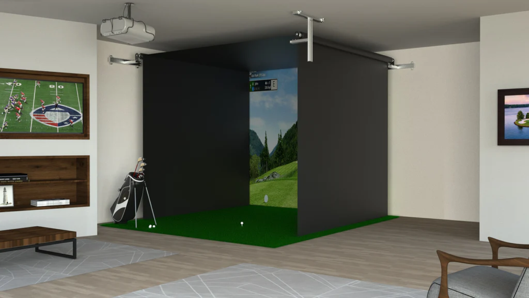 Retractable golf enclosure in a multi-use living room, rolled down ready for practice