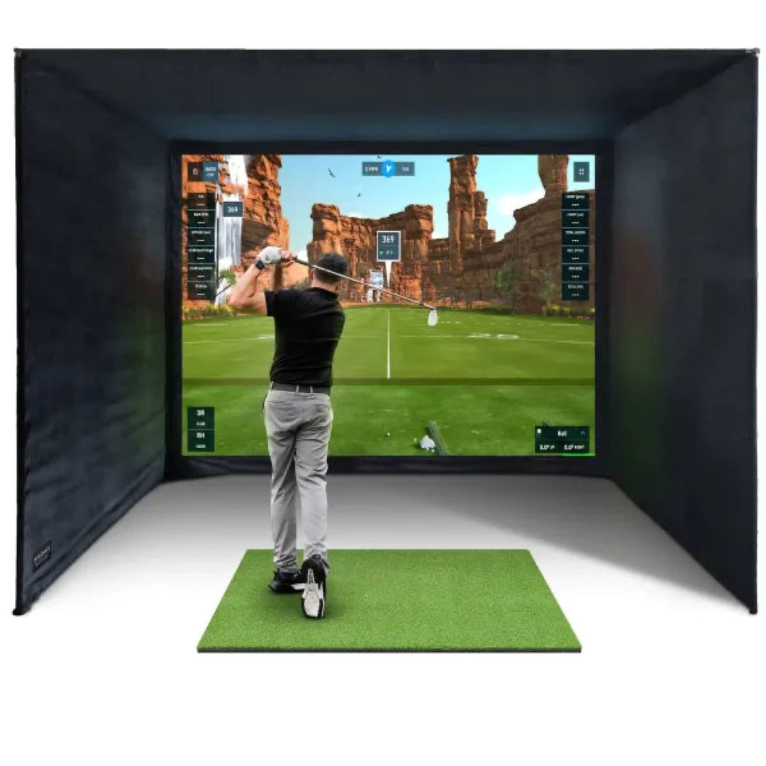SimSpace Sim 5 golf enclosure with impact screen in a home sim room