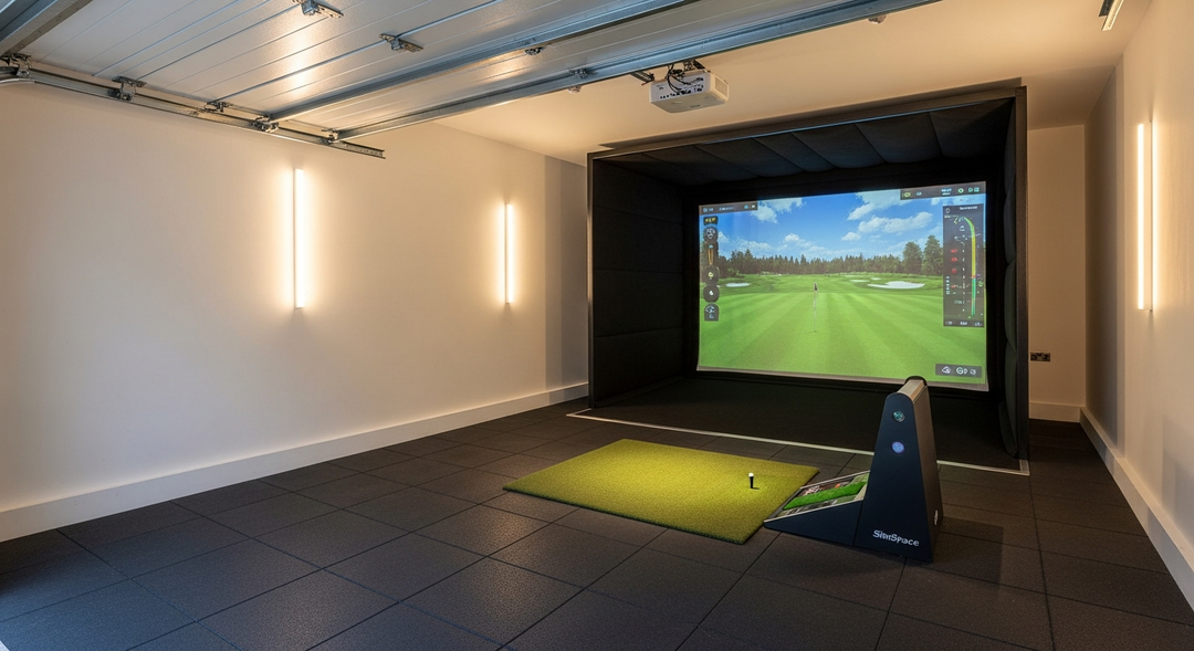 Premium golf simulator setup with professional rubber gym tile flooring in a converted UK garage