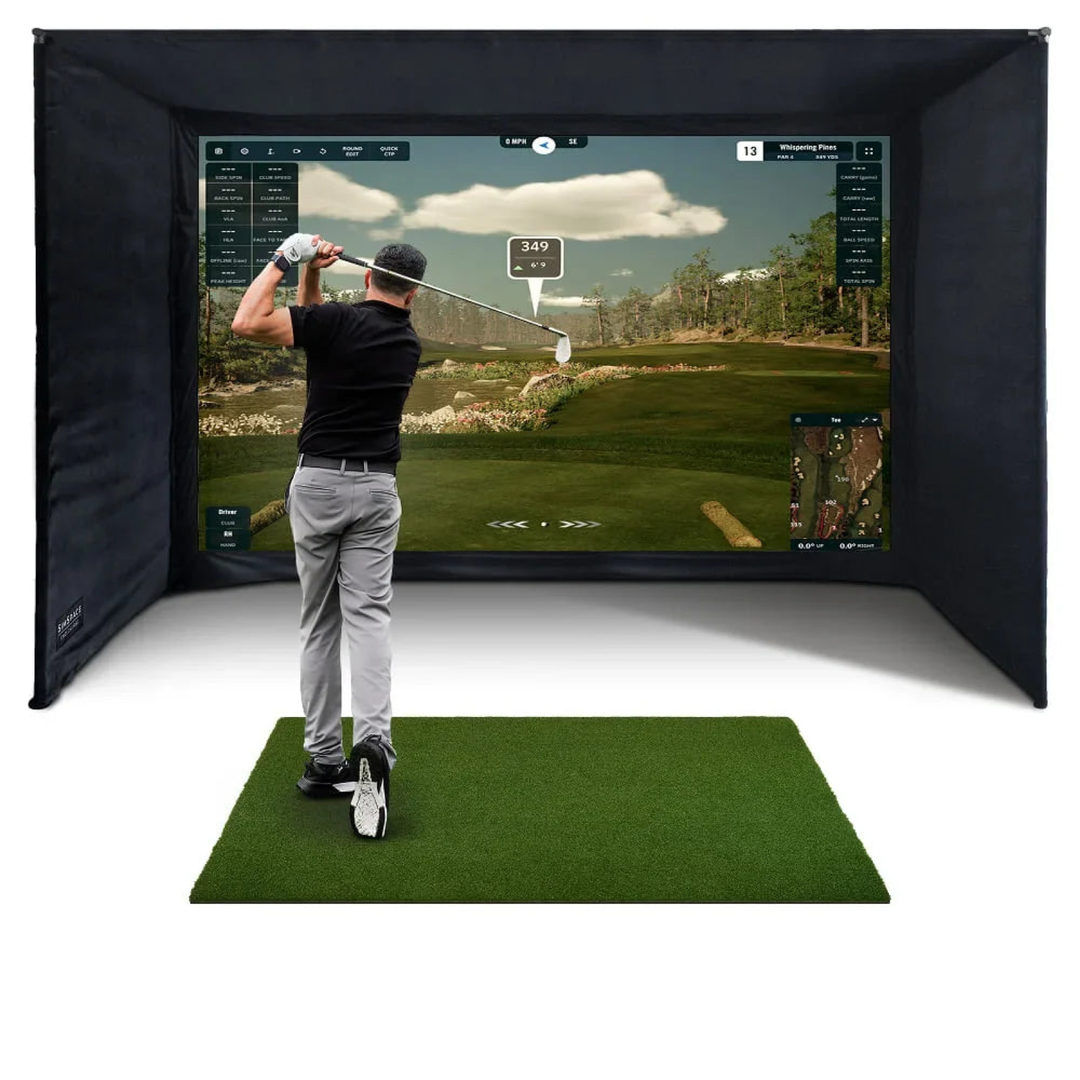 SimSpace UltraMAX golf enclosure with high-contrast grey impact screen