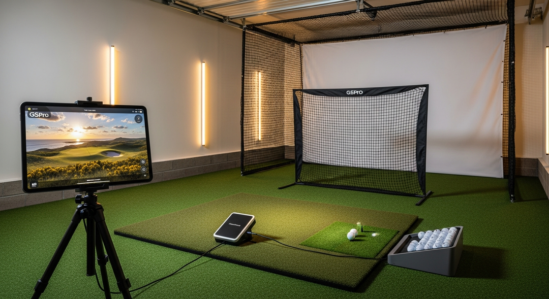 Complete budget golf simulator setup under £3,000 with FlightScope Mevo Gen 2, practice net and hitting mat in a UK garage