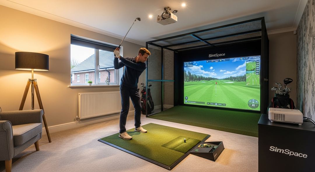 Compact golf simulator setup in a small UK spare bedroom with 2.4m ceiling showing three-quarter swing technique
