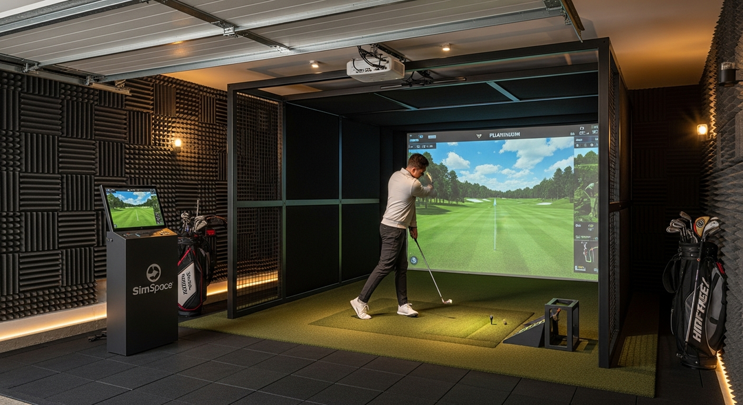 Golf simulator in a UK garage with acoustic foam panels, rubber flooring and SimSpace enclosure for sound management