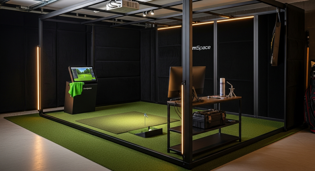 Well-maintained home golf simulator with clean enclosure, fresh hitting mat and maintenance toolkit