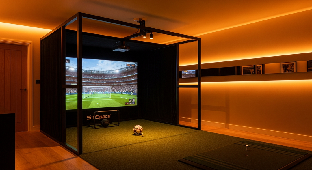 Family using a multi-sport simulator for football penalty shootout on a SimSpace enclosure impact screen