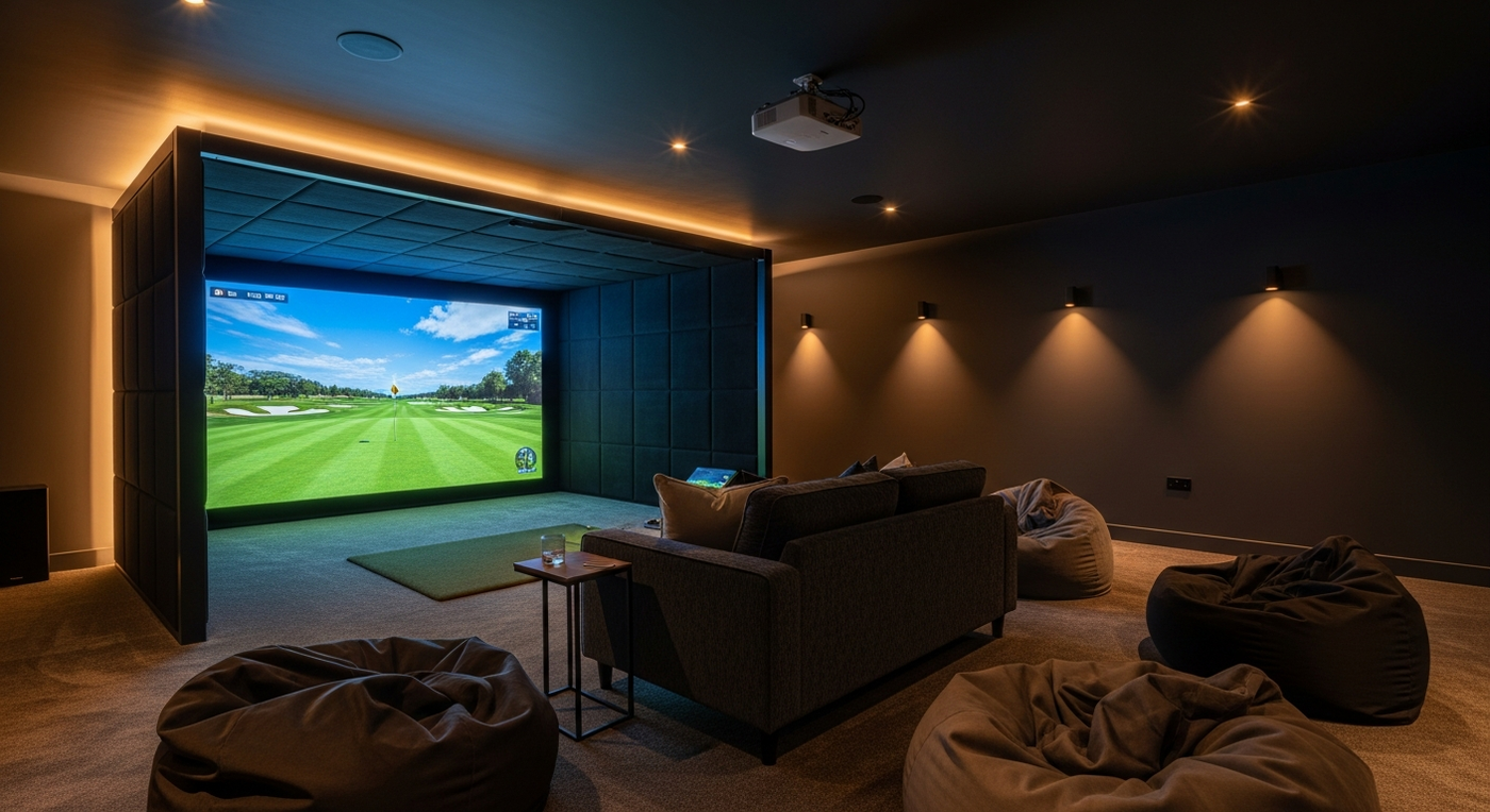 Dual-purpose golf simulator and home cinema room with SimSpace enclosure, sofa seating, and ceiling projector