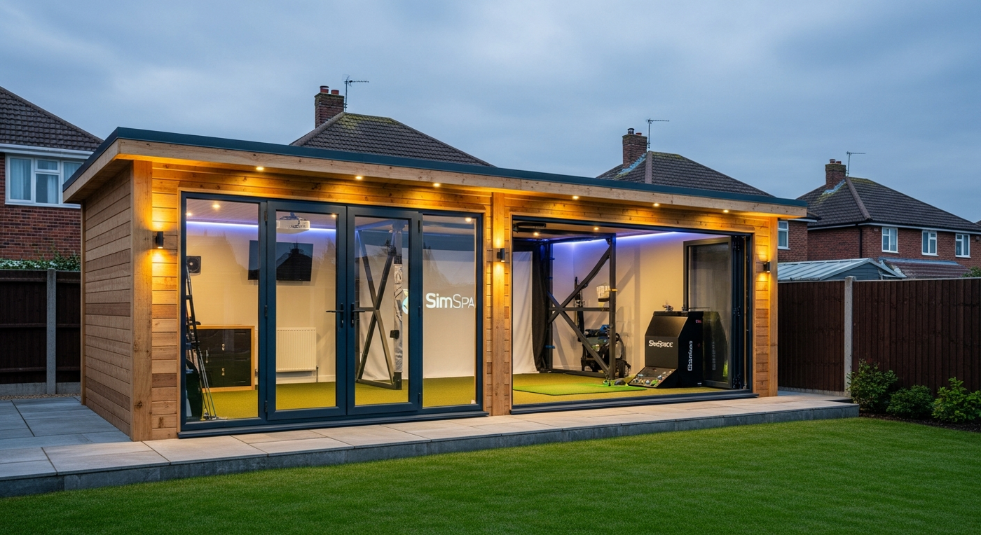Purpose-built garden room golf simulator in a UK back garden with timber cladding and dual-pitched roof