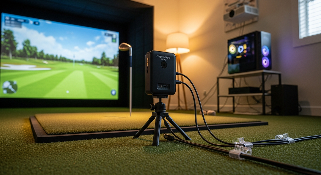 Golf simulator connectivity setup showing launch monitor, gaming PC, router, and projector connections