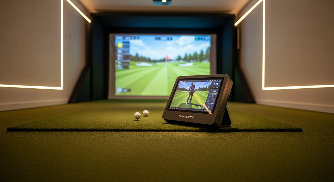 FlightScope Mevo Gen 2 launch monitor in a premium UK home golf simulator setup