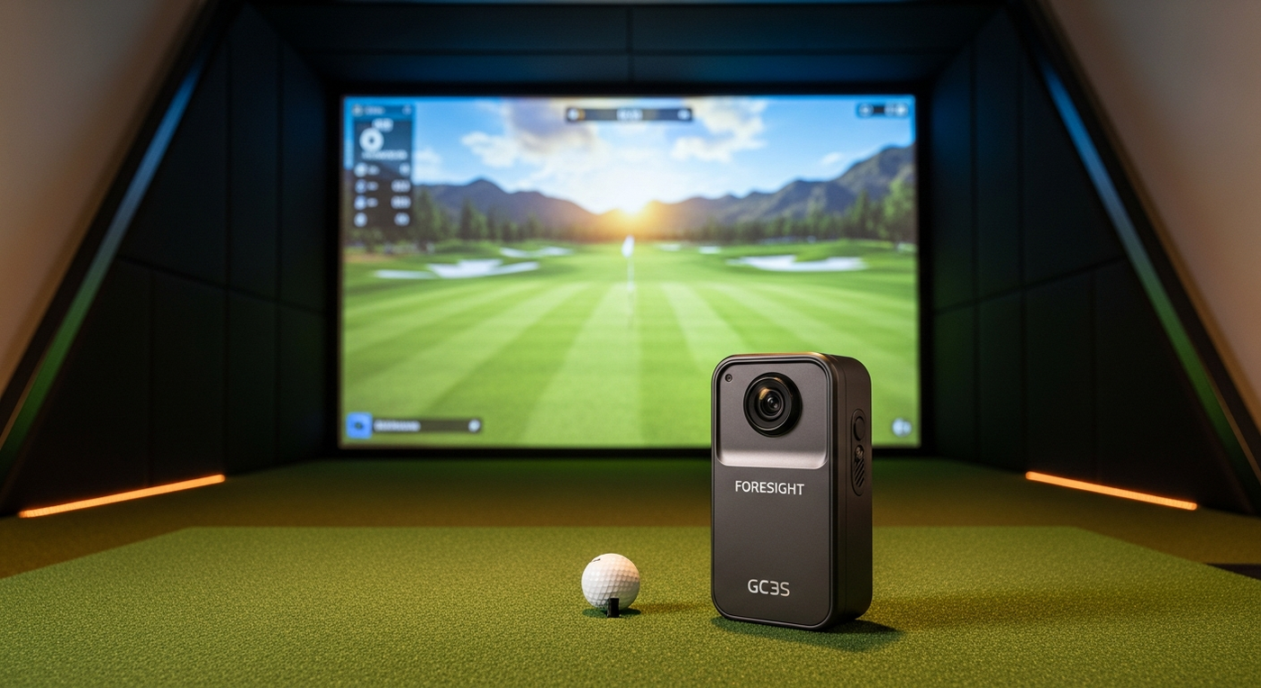 Foresight GC3S camera launch monitor positioned beside a golf ball in a SimSpace simulator