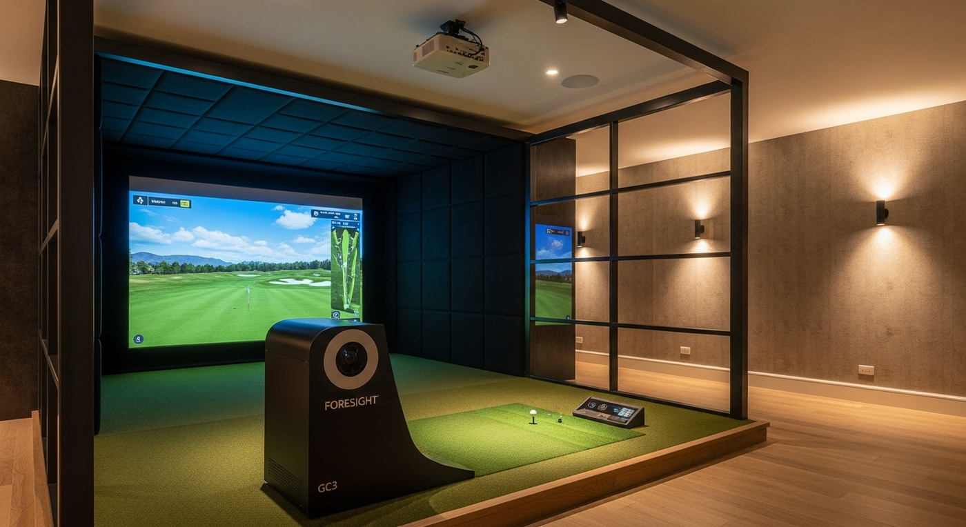 Foresight GC3 launch monitor in a premium UK home golf simulator with SimSpace enclosure