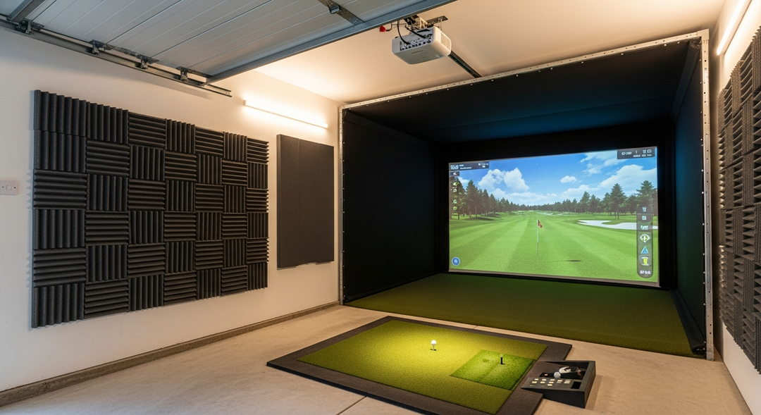 Home golf simulator setup in UK garage with acoustic soundproofing panels on walls