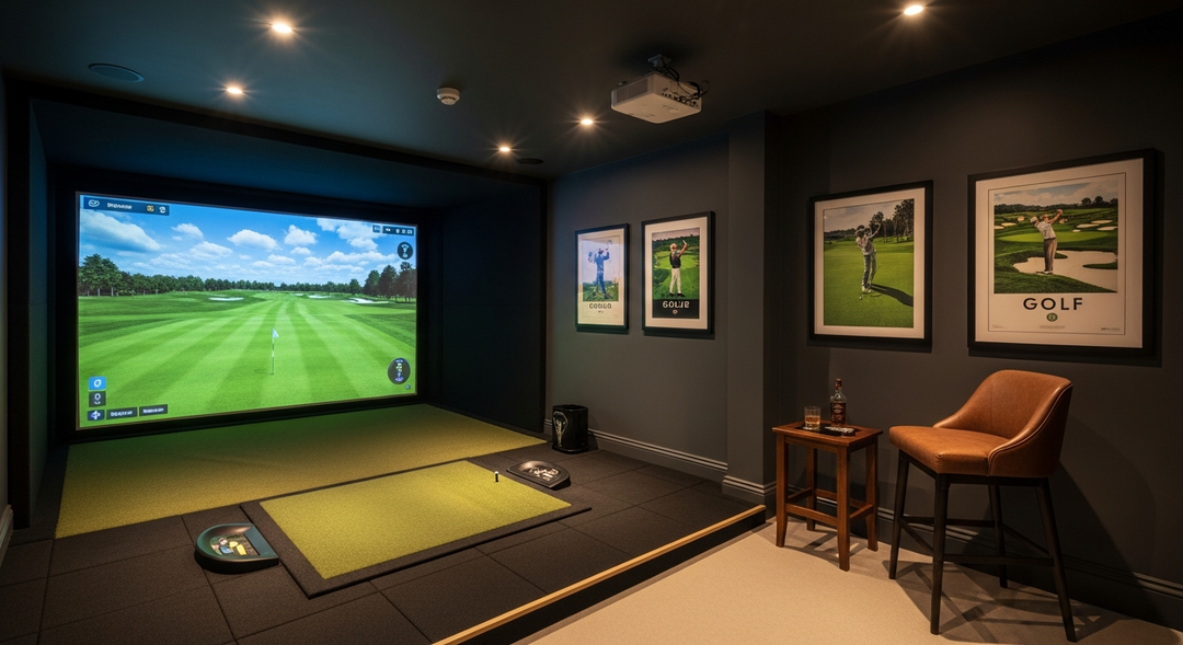 Premium home golf simulator room with dark walls, LED lighting, leather seating and professional enclosure
